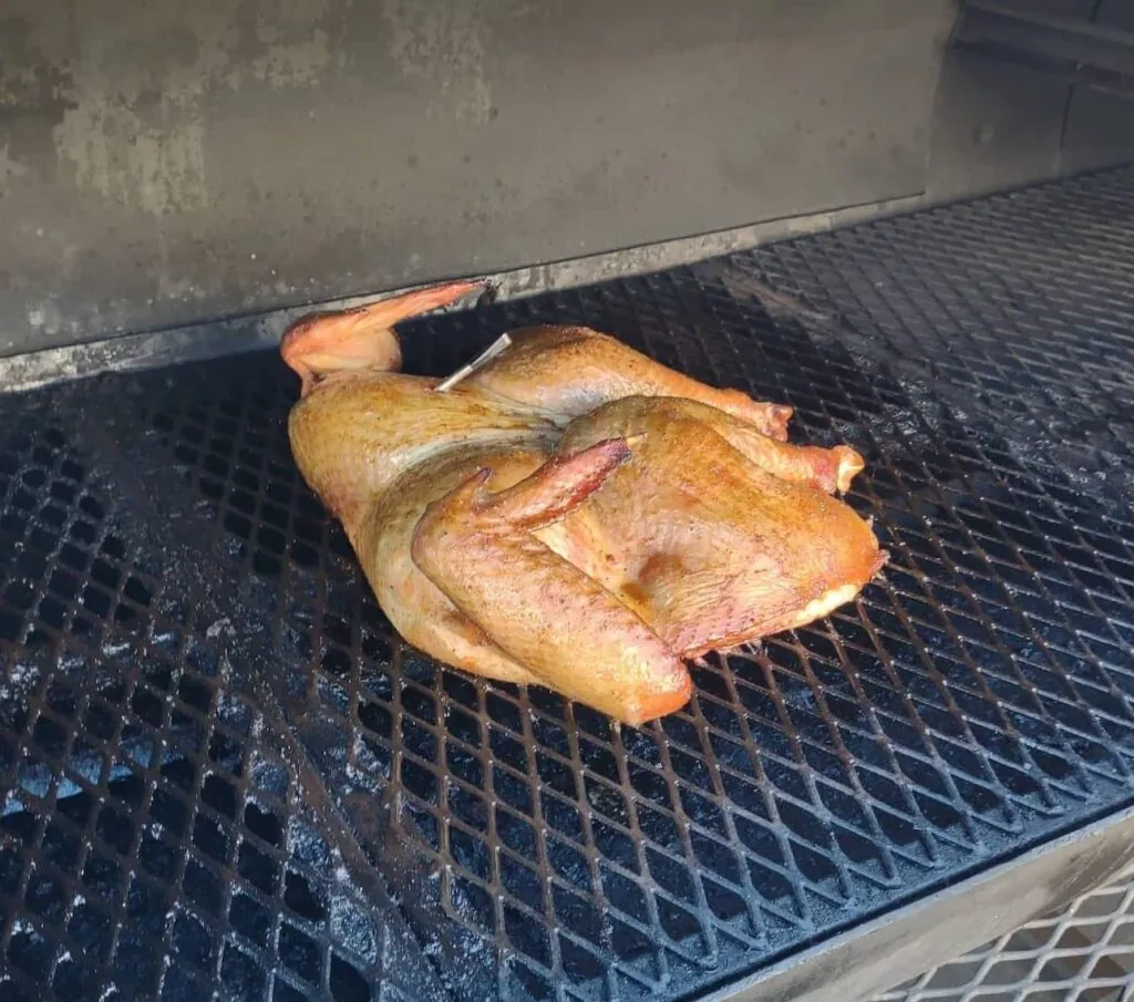 Roasted whole chicken on a dark metal grill grate